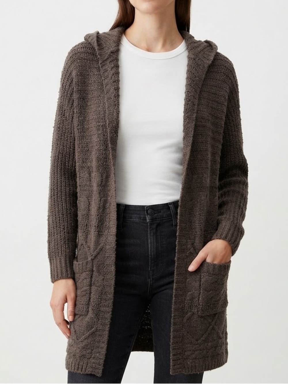 American Eagle Outfitters Brown Wool Blend Cable Knit Hooded Cardigan Size L/XL